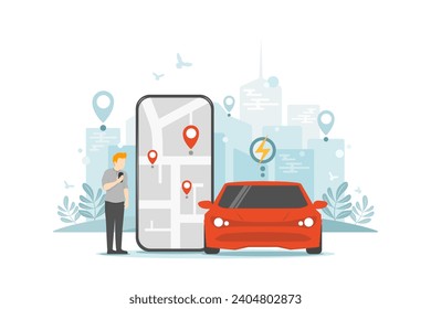 Aplicación de servicio de uso compartido de automóviles eléctricos, pantalla de Smartphone con navegación de mapas de ciudades, transporte de ciudades inteligentes y tecnología de vehículos sin emisiones netas, cuidado ambiental y uso de energía verde limpia.