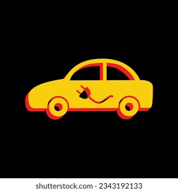 Electric car sign. 3D Extruded Yellow Icon with Red Sides a Black background. Illustration.