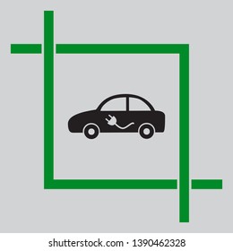 Electric car sign. Black icon inside green crop tool at light gray background