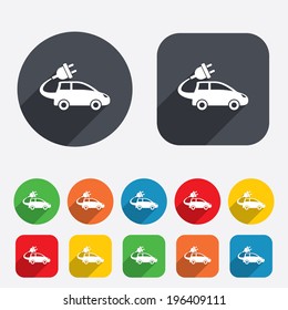 Electric car sign icon. Hatchback symbol. Electric vehicle transport. Circles and rounded squares 12 buttons. Vector