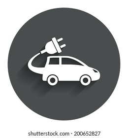 Electric car sign icon. Hatchback symbol. Electric vehicle transport. Circle flat button with shadow. Modern UI website navigation. Vector