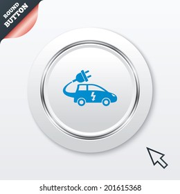 Electric car sign icon. Hatchback symbol. Electric vehicle transport. White button with metallic line. Modern UI website button with mouse cursor pointer. Vector