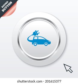 Electric car sign icon. Hatchback symbol. Electric vehicle transport. White button with metallic line. Modern UI website button with mouse cursor pointer. Vector
