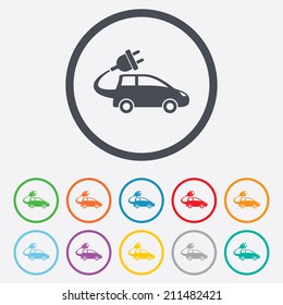 Electric car sign icon. Hatchback symbol. Electric vehicle transport. Round circle buttons with frame. Vector