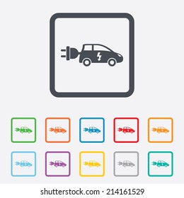 Electric car sign icon. Hatchback symbol. Electric vehicle transport. Round squares buttons with frame. Vector