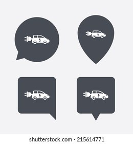 Electric car sign icon. Hatchback symbol. Electric vehicle transport. Map pointers information buttons. Speech bubbles with icons. Vector