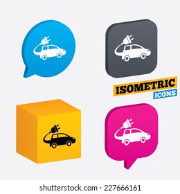 Electric car sign icon. Hatchback symbol. Electric vehicle transport. Isometric speech bubbles and cube. Rotated icons with edges. Vector