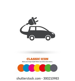 Electric car sign icon. Hatchback symbol. Electric vehicle transport. Classic flat icon. Colored circles. Vector