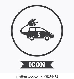 Electric car sign icon. Hatchback symbol. Electric vehicle transport. Graphic design element. Flat symbol in circle button. Vector