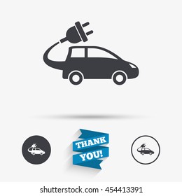 Electric car sign icon. Hatchback symbol. Electric vehicle transport. Flat icons. Buttons with icons. Thank you ribbon. Vector