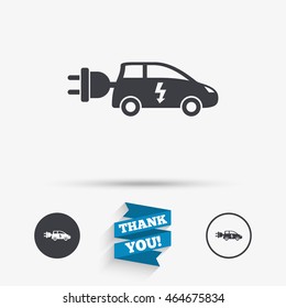 Electric car sign icon. Hatchback symbol. Electric vehicle transport. Flat icons. Buttons with icons. Thank you ribbon. Vector