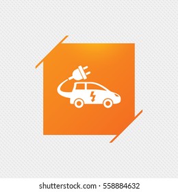 Electric car sign icon. Hatchback symbol. Electric vehicle transport. Orange square label on pattern. Vector