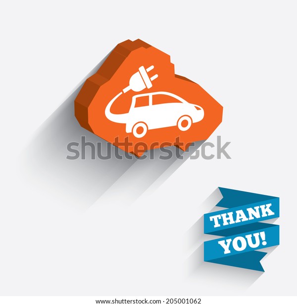Electric car sign icon. Hatchback symbol.\
Electric vehicle transport. White icon on orange 3D piece of wall.\
Carved in stone with long flat shadow.\
Vector