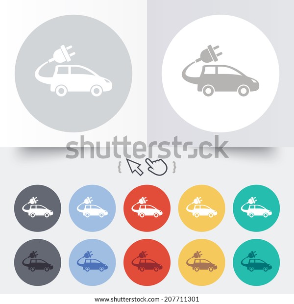Electric car sign icon. Hatchback symbol. Electric\
vehicle transport. Round 12 circle buttons. Shadow. Hand cursor\
pointer. Vector
