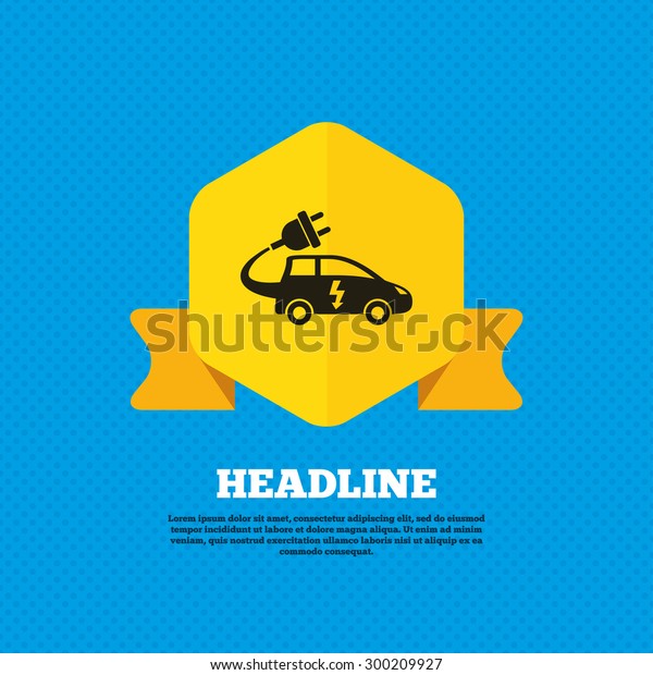Electric car sign icon. Hatchback symbol. Electric\
vehicle transport. Yellow label tag. Circles seamless pattern on\
back. Vector
