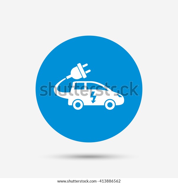 Electric car sign icon.\
Hatchback symbol. Electric vehicle transport. Blue circle button\
with icon. Vector