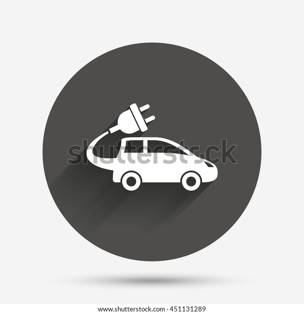 Electric car sign icon.\
Hatchback symbol. Electric vehicle transport. Circle flat button\
with shadow. Vector