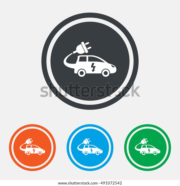 Electric car sign icon. Hatchback symbol. Electric\
vehicle transport. Graphic design web element. Flat car symbol on\
the round button.\
Vector