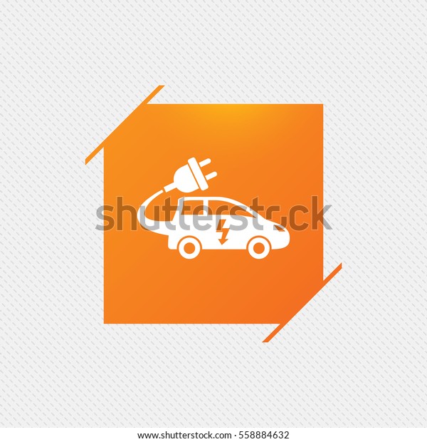 Electric car sign icon.\
Hatchback symbol. Electric vehicle transport. Orange square label\
on pattern. Vector