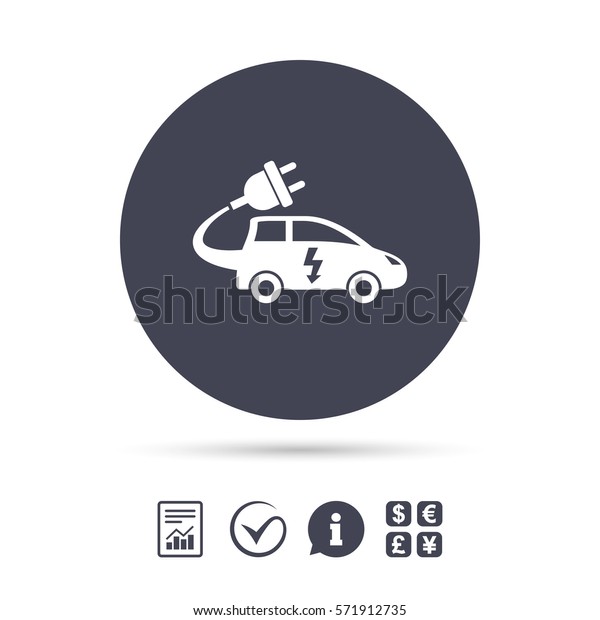 Electric car sign icon. Hatchback symbol. Electric\
vehicle transport. Report document, information and check tick\
icons. Currency exchange.\
Vector