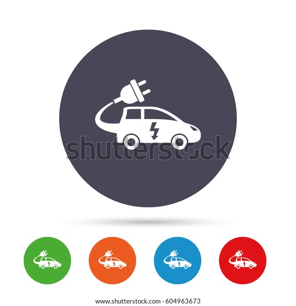 Electric car\
sign icon. Hatchback symbol. Electric vehicle transport. Round\
colourful buttons with flat icons.\
Vector