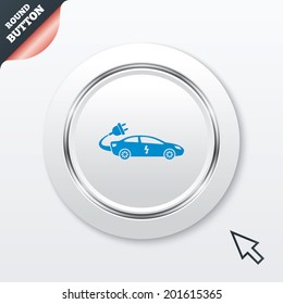 Electric car sign icon. Sedan saloon symbol. Electric vehicle transport. White button with metallic line. Modern UI website button with mouse cursor pointer. Vector