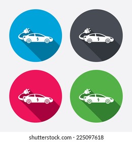 Electric car sign icon. Sedan saloon symbol. Electric vehicle transport. Circle buttons with long shadow. 4 icons set. Vector