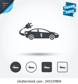 Electric car sign icon. Sedan saloon symbol. Electric vehicle transport. Circle and square buttons. Flat design set. Thank you ribbon. Vector