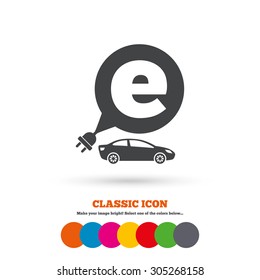 Electric car sign icon. Sedan saloon symbol. Electric vehicle transport. Classic flat icon. Colored circles. Vector