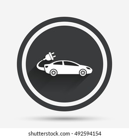 Electric car sign icon. Sedan saloon symbol. Electric vehicle transport. Circle flat button with shadow and border. Vector