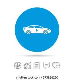 Electric car sign icon. Sedan saloon symbol. Electric vehicle transport. Copy files, chat speech bubble and chart web icons. Vector