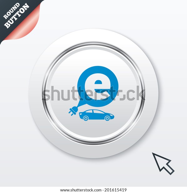 Electric car sign icon.\
Sedan saloon symbol. Electric vehicle transport. White button with\
metallic line. Modern UI website button with mouse cursor pointer.\
Vector
