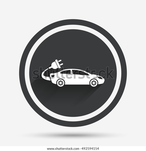 Electric car sign icon. Sedan saloon symbol.\
Electric vehicle transport. Circle flat button with shadow and\
border. Vector