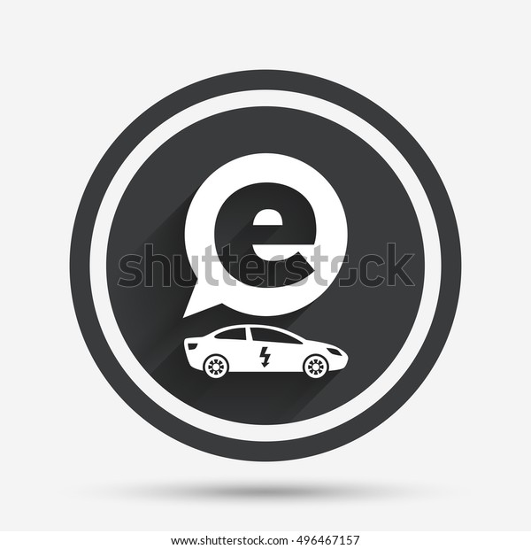 Electric car sign icon. Sedan saloon symbol.\
Electric vehicle transport. Circle flat button with shadow and\
border. Vector