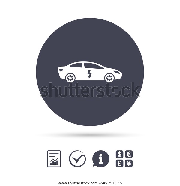 Electric car sign icon. Sedan saloon\
symbol. Electric vehicle transport. Report document, information\
and check tick icons. Currency exchange.\
Vector