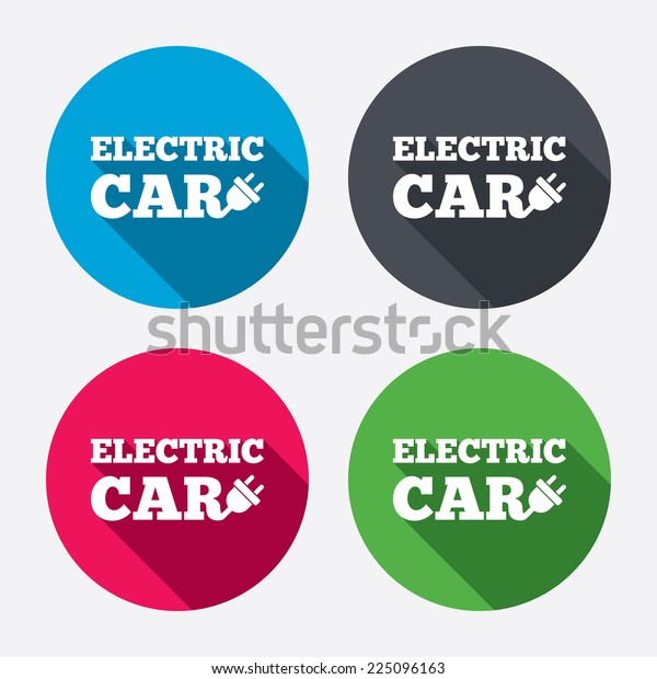 Electric car sign\
icon. Electric vehicle transport symbol. Circle buttons with long\
shadow. 4 icons set.\
Vector