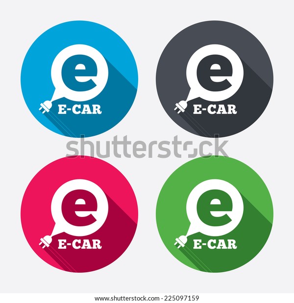Electric car sign icon. Electric vehicle transport\
symbol. Speech bubble. Circle buttons with long shadow. 4 icons\
set. Vector