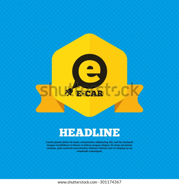 Electric car sign icon. Electric vehicle transport\
symbol. Speech bubble. Yellow label tag. Circles seamless pattern\
on back. Vector