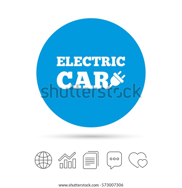 Electric car\
sign icon. Electric vehicle transport symbol. Copy files, chat\
speech bubble and chart web icons.\
Vector