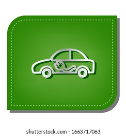 Electric car sign. Silver gradient line icon with dark green shadow at ecological patched green leaf. Illustration.