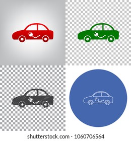 Electric car sign. Vector. 4 styles. Red gradient in radial lighted background, green flat and gray scribble icons on transparent and linear one in blue circle.