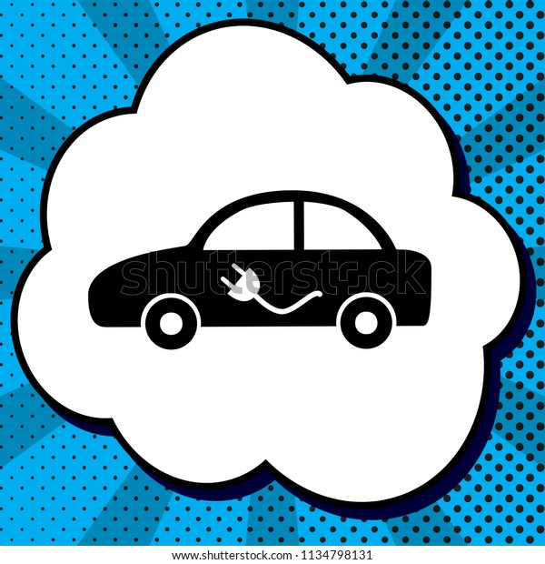 Electric car sign. Vector. Black icon in\
bubble on blue pop-art background with\
rays.