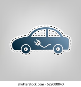 Electric car sign. Vector. Blue icon with outline for cutting out at gray background.