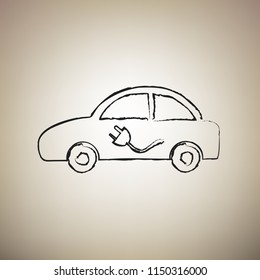 Electric car sign. Vector. Brush drawed black icon at light brown background.