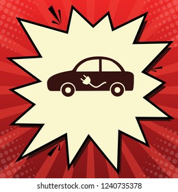 Electric car sign. Vector. Dark red icon in lemon chiffon shutter bubble at red popart background with rays.
