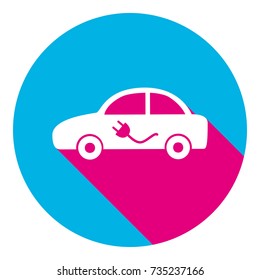 Electric car sign. Vector. Flat white icon with mexican pink shadow inside sky blue(S and G) circle at white background. Isolated. Trend colors in 2017.