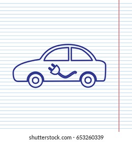 Electric car sign. Vector. Navy line icon on notebook paper as background with red line for field.