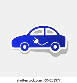 Electric car sign. Vector. New year bluish icon with outside stroke and gray shadow on light gray background.