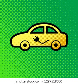 Electric car sign. Vector. Pop art orange to yellow dots-gradient icon with black contour at greenish background.