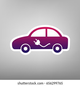 Electric car sign. Vector. Purple gradient icon on white paper at gray background.